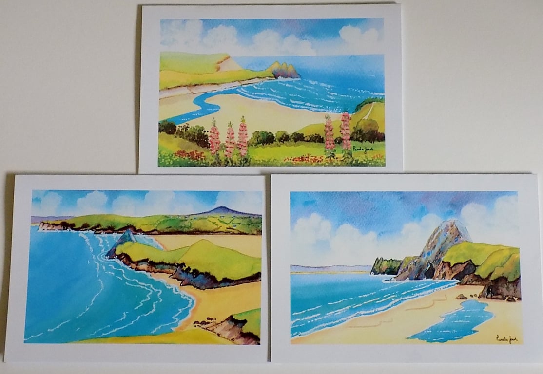 Art Greetings Cards, Set of 3, Three Cliffs Bay, Pobbles Bay, Gower,Blank, A 5