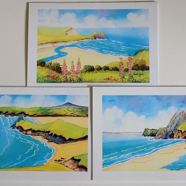 Art Greetings Cards, Set of 3, Three Cliffs Bay, Pobbles Bay, Gower,Blank, A 5