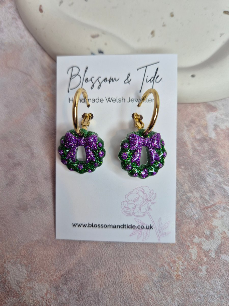 Christmas Glitter Wreath Earrings - Purple & Green Festive Hoops