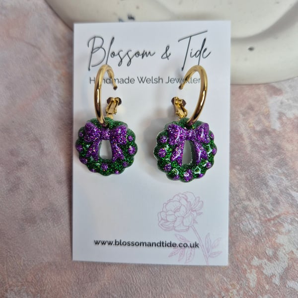 Christmas Glitter Wreath Earrings - Purple & Green Festive Hoops