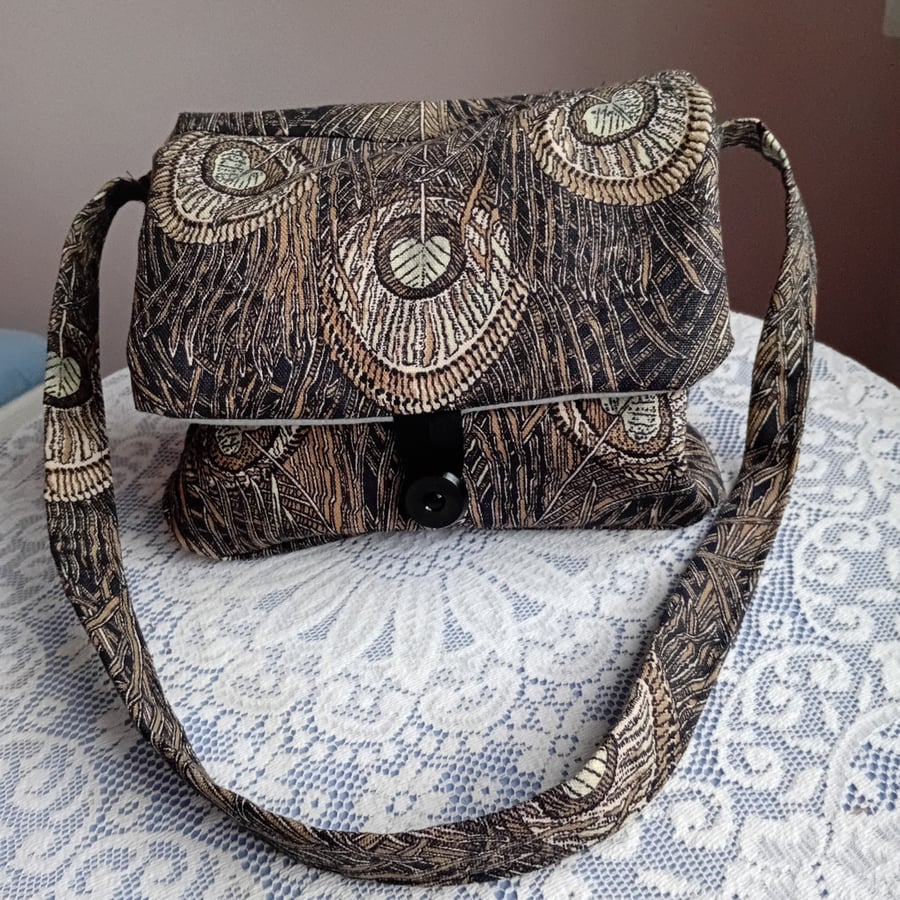 Liberty linen "Hera" shoulder bag. Black, brown, grey shoulder bag