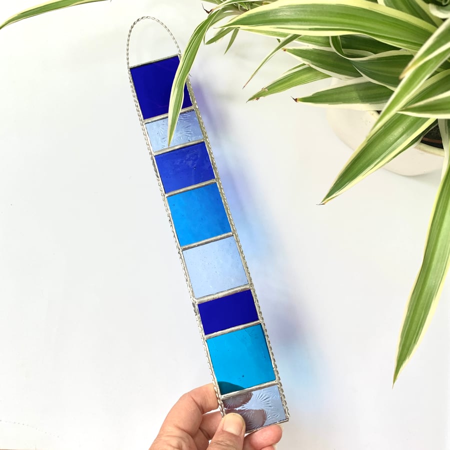 Stained Glass Large Strip Garden Hanger - Handmade Hanging Decoration - Blue