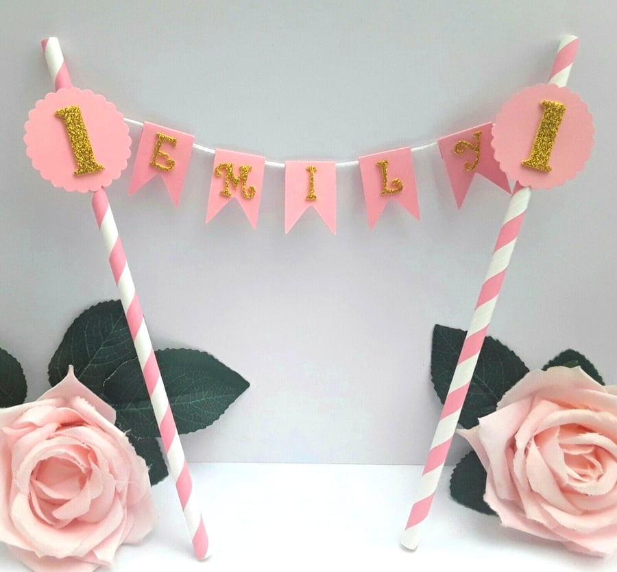 Personalised Bunting Cake Topper, Personalised pink and gold bunting cake topper