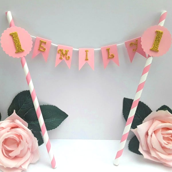 Personalised Bunting Cake Topper, Personalised pink and gold bunting cake topper