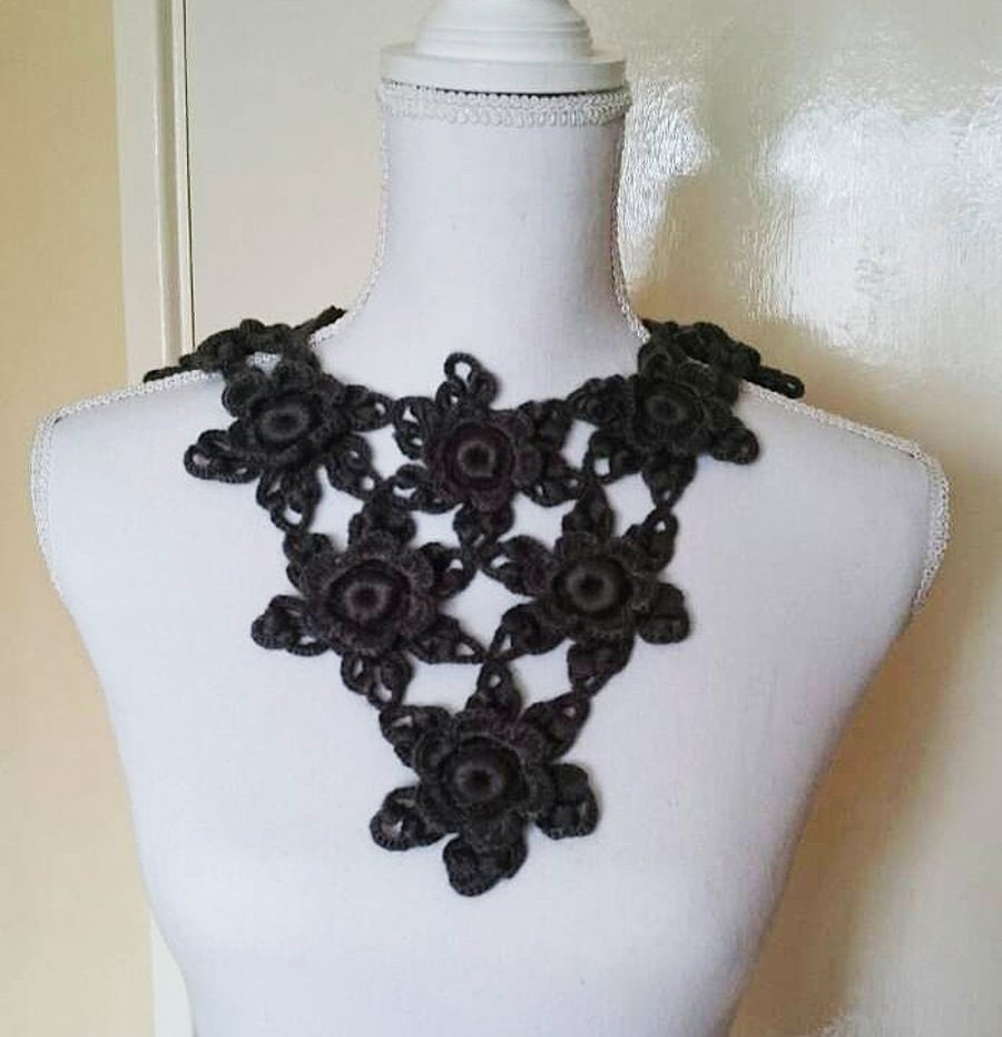 Crochet dark gray flower triangle collar -decorative collar -woman necklace