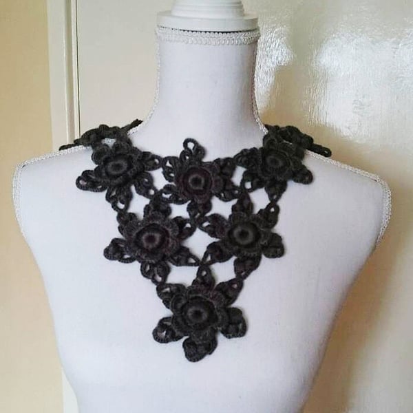 Crochet dark gray flower triangle collar -decorative collar -woman necklace