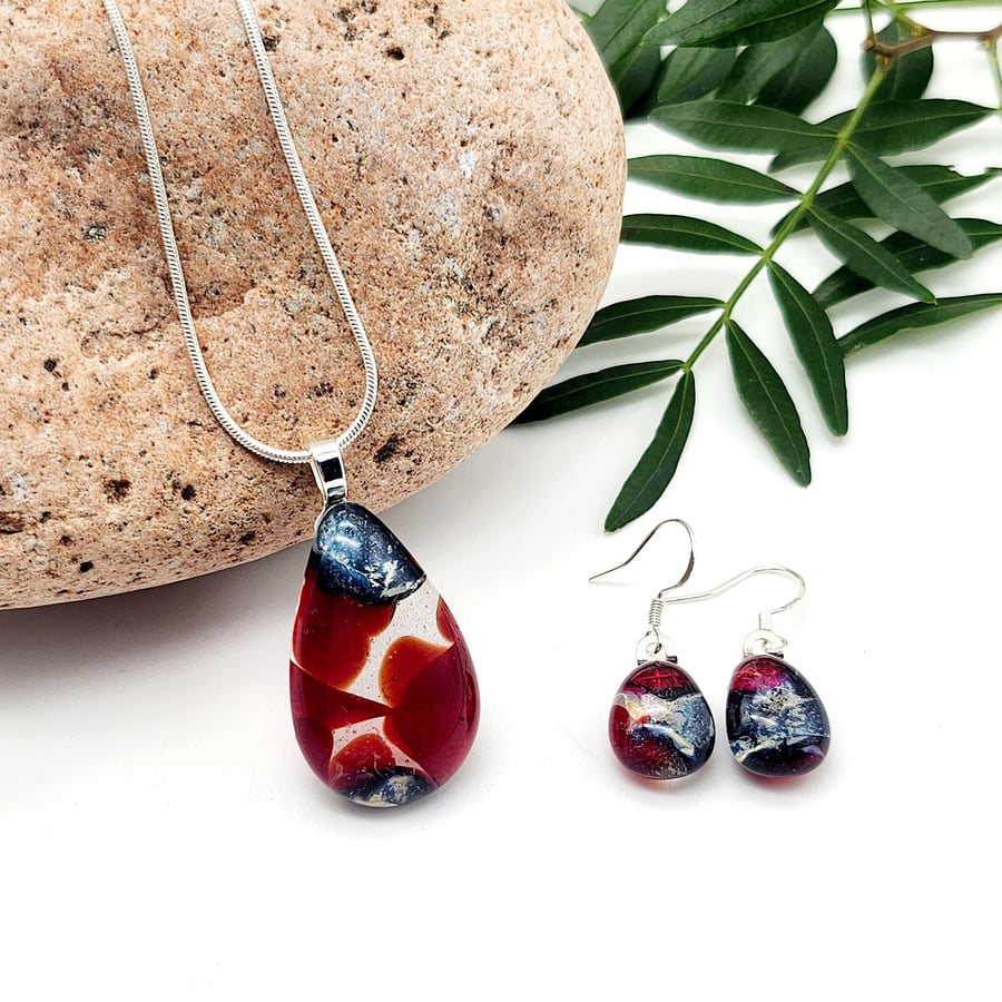 Fused Glass Deep Red Teadrop Necklace and Earring Set