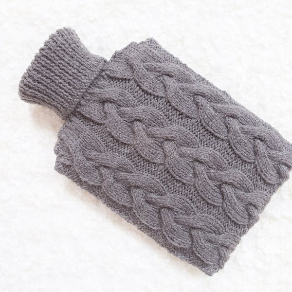 Hand knitted hot water bottle cover, cosy in grey. Rustic bedroom, home decor