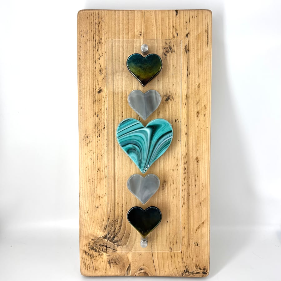 Fused Glass Heart Panel in Teal, Grey & Black on Reclaimed Wood