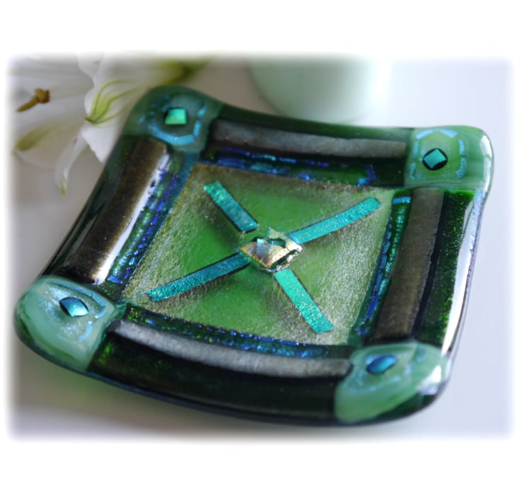 Fused Glass Trinket Dish 8.cm Green Aqua Border... Folksy