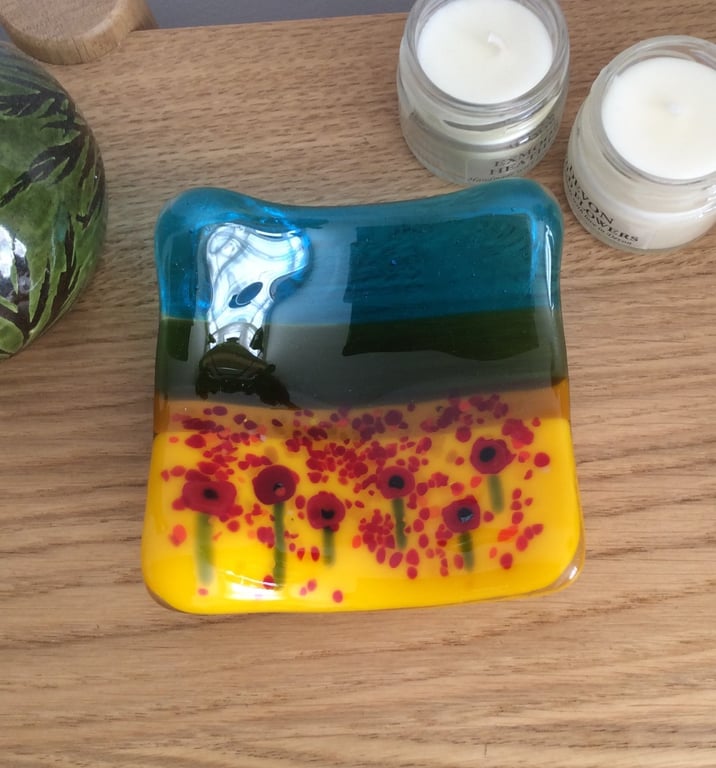 Fused Glass Poppy Field Dish