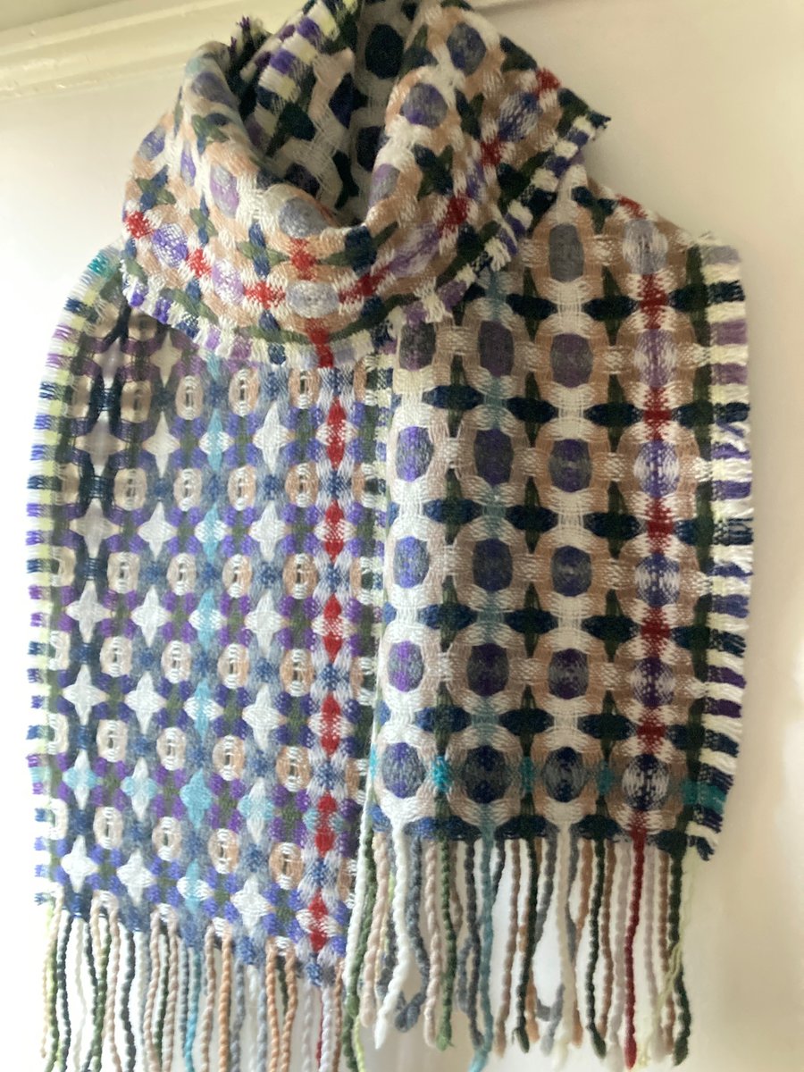 Handwoven Lambswool Scarf in Purple and Green, Golfballs
