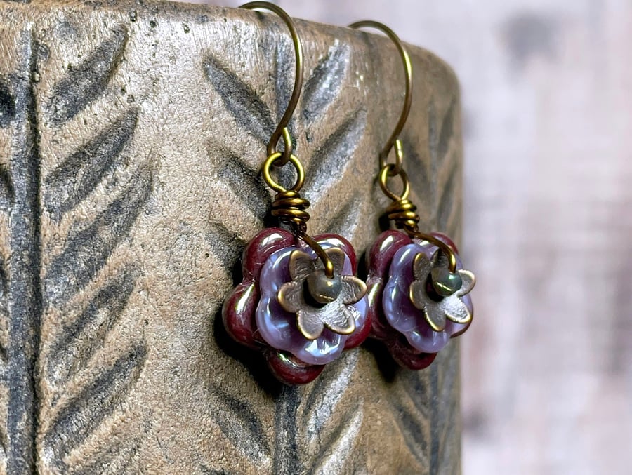 Czech Glass Flower Earrings. Blossom Earrings. Plum & Lavender Floral Earrings