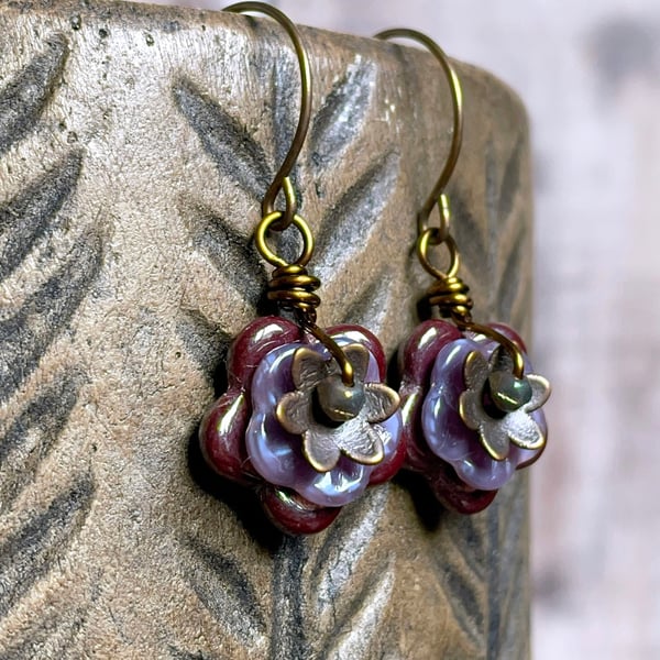 Czech Glass Flower Earrings. Blossom Earrings. Plum & Lavender Floral Earrings