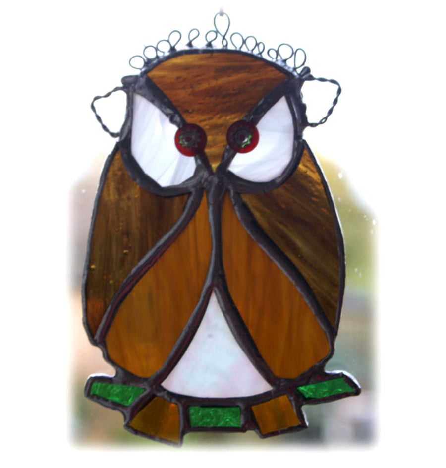 SOLD Owl Suncatcher Stained Glass Handmade Bird Too Wit Too Woo 019