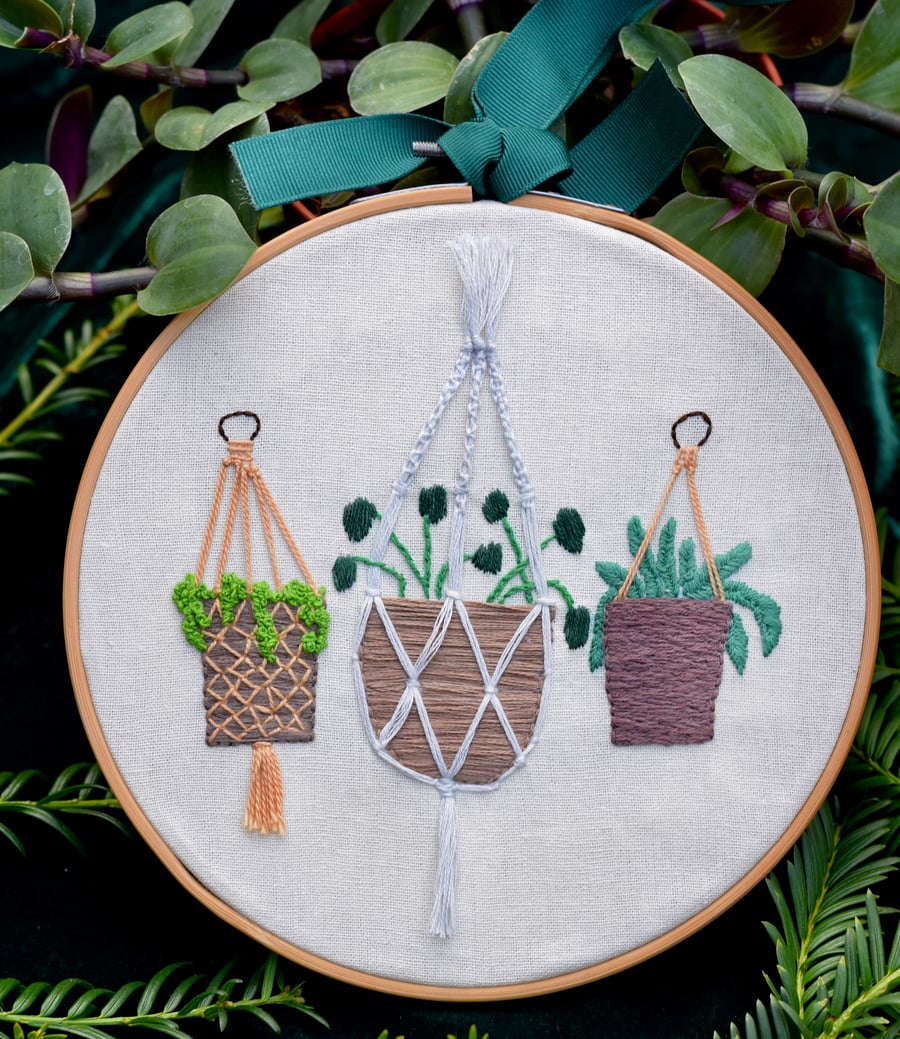 Hanging baskets embroidery hoop gift.