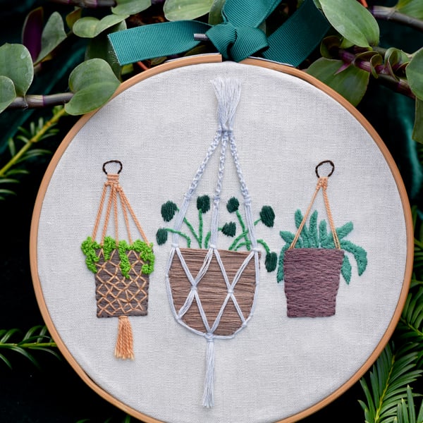 Hanging baskets embroidery hoop gift.