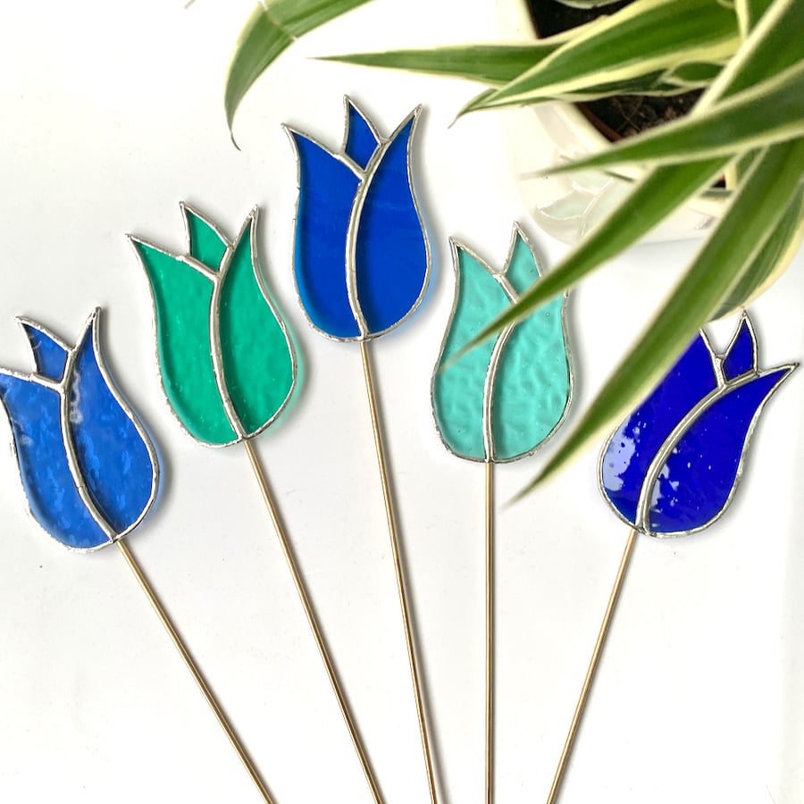 Stained  Glass Lily Tulip Stake Large - Plant Pot Decoration -  Blue Turq Aqua
