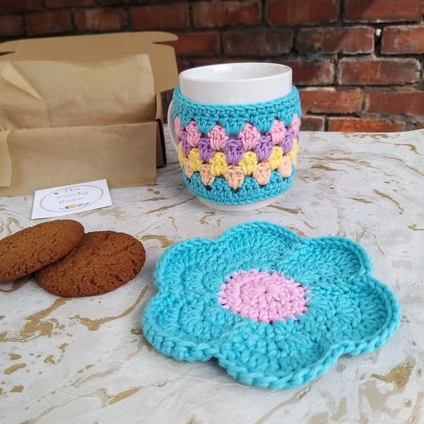 Crochet Mug Cosy & Coaster Set Turquoise & Pastel Shades