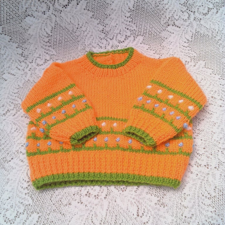 Child's Jumper with Flower Pattern at Hem and Cuffs, Baby Shower Gift, Baby Gift