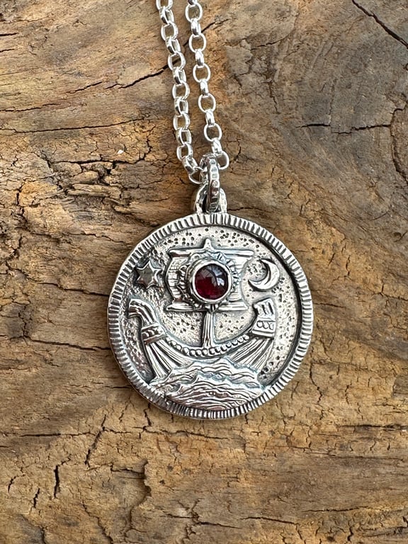 Viking Ship Coin Pendant with Garnet