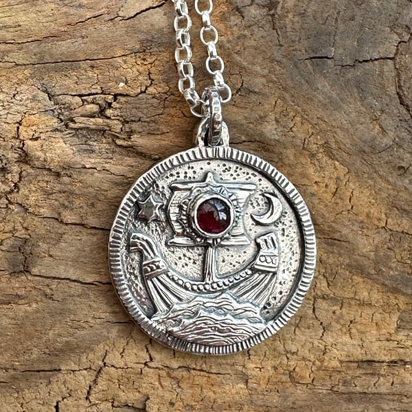 Viking Ship Coin Pendant with Garnet