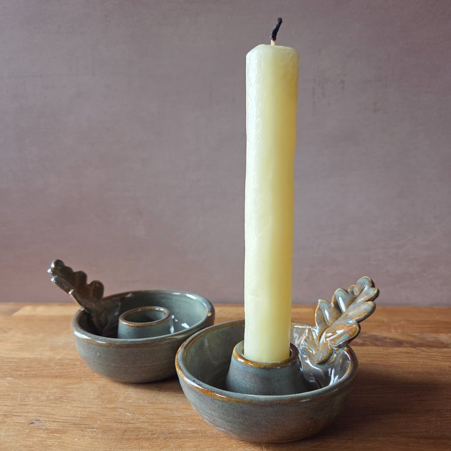 Woodland inspired Stoneware Candle Holders - Blue oakleaf