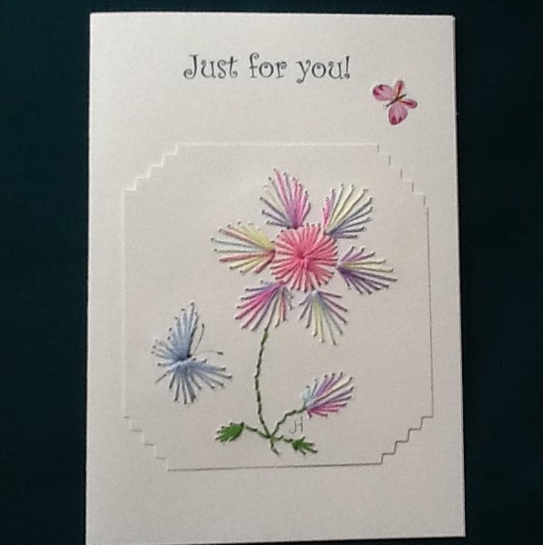 Just for  you,Personalised embroidered card, Flowers and butterfly, R 23