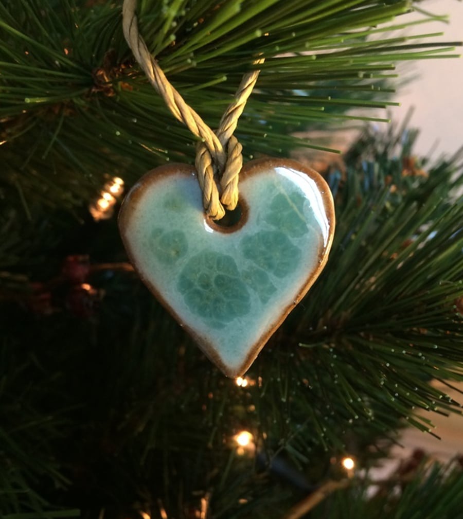 Ceramic christmas heart decoration in duck egg blue and brown