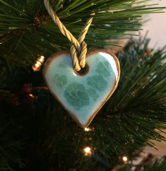 Ceramic christmas heart decoration in duck egg blue and brown