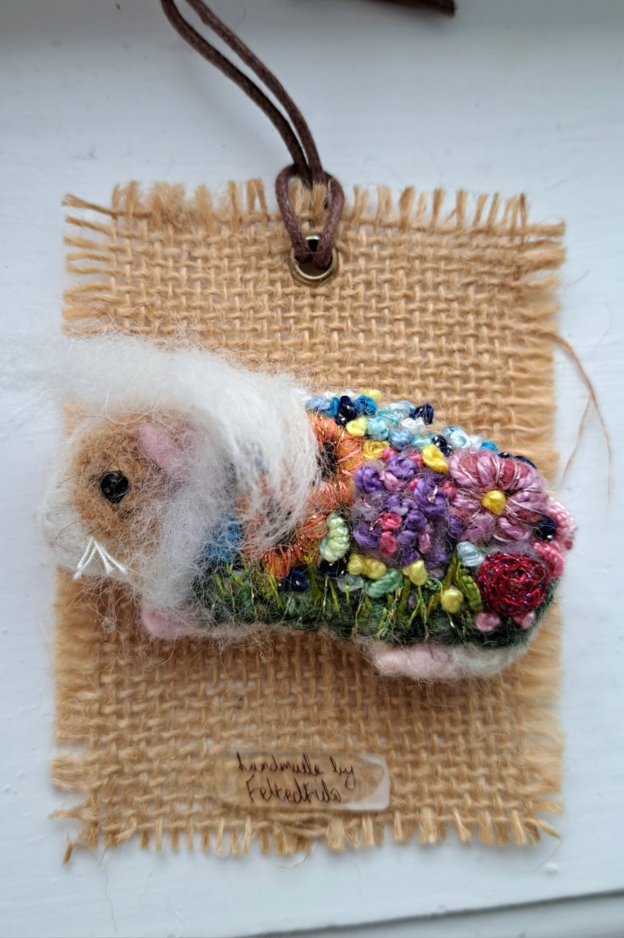 Guinea Pig Brooch Felted and Embroidered