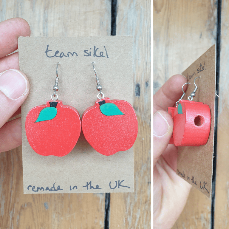 Apple Earrings - Upcycled Wooden Food Beads