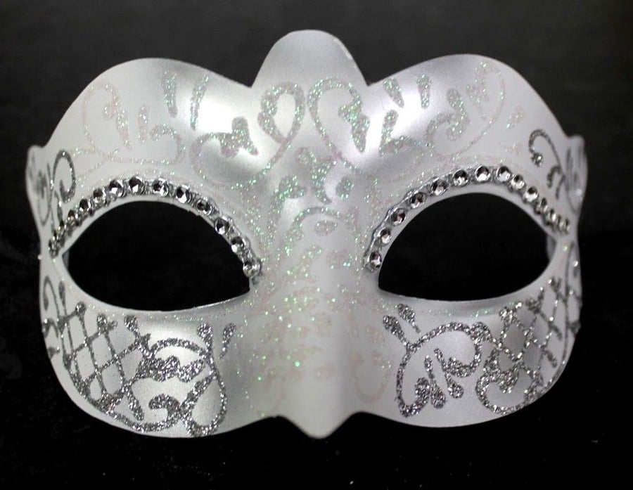 White and Silver Masquerade Mask with Diamonte Detail