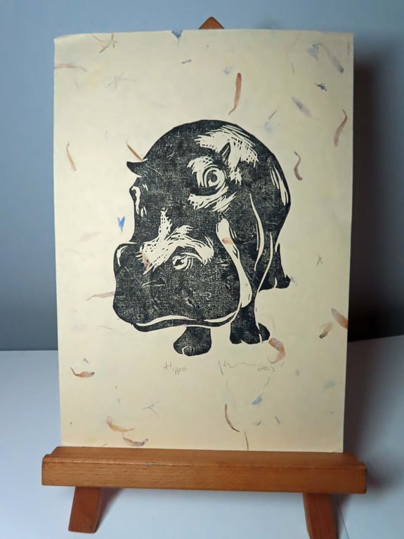 Hippo Open Edition Hand-Pulled Linocut Print Cream