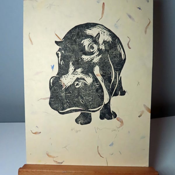 Hippo Open Edition Hand-Pulled Linocut Print Cream
