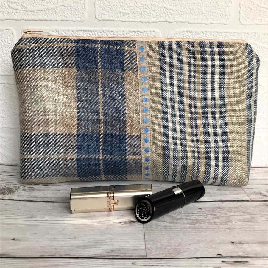 Large beige and blue tartan tweed and stripe pattern cosmetic bag, make up bag