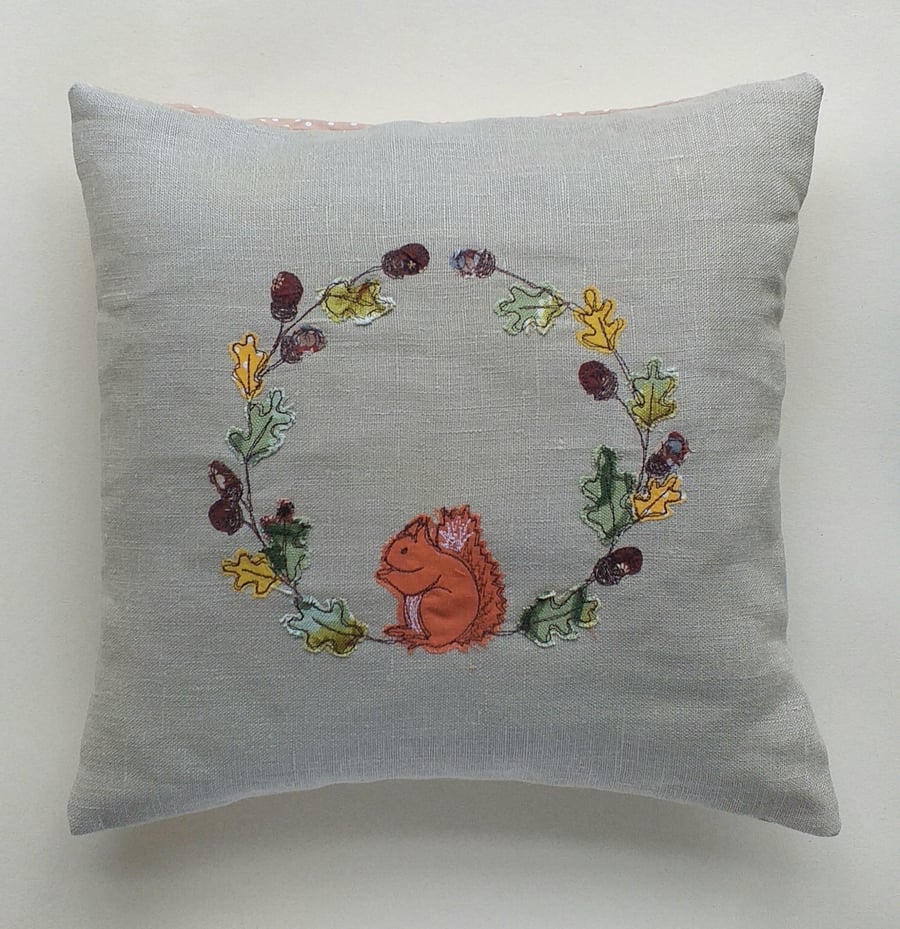 Squirrel and Acorn Wreath Embroidered Cushion