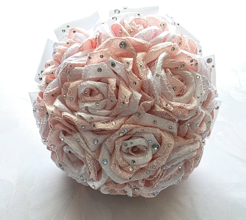 Handmade Wedding Bridal Bouquet – White & Blush Pink Satin Roses with Crystals