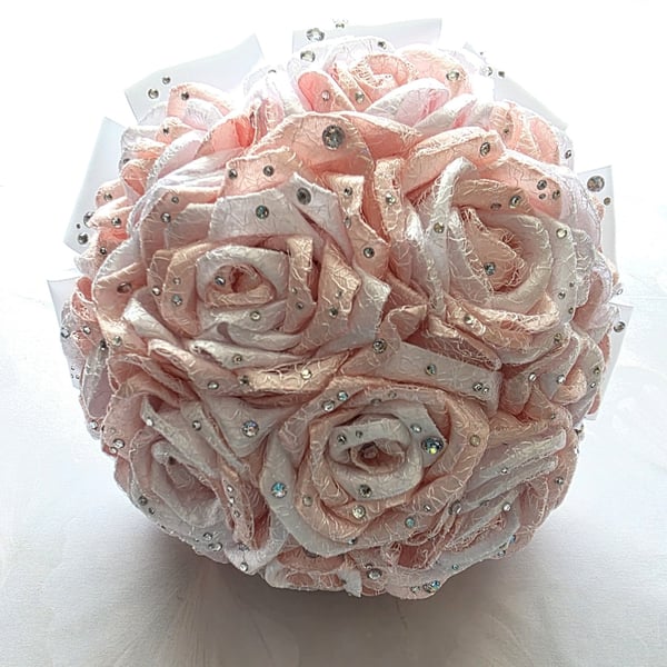 Handmade Wedding Bridal Bouquet – White & Blush Pink Satin Roses with Crystals