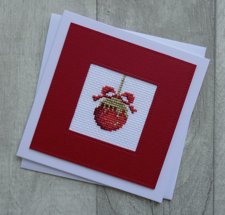 Cross Stitch Red and Gold Bauble with Bow - Christmas Card