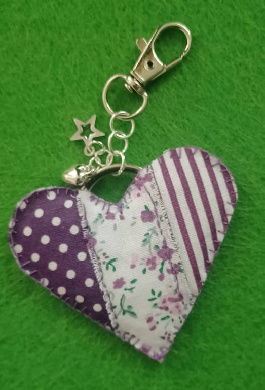 Handmade Fabric Patchwork Heart Keyring Bag Charm Purple