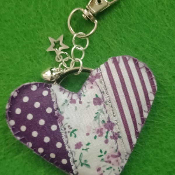 Handmade Fabric Patchwork Heart Keyring Bag Charm Purple