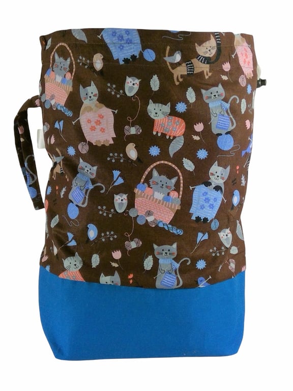 Extra Large two at a time knitting bag with cats, divided drawstring wristlet, s