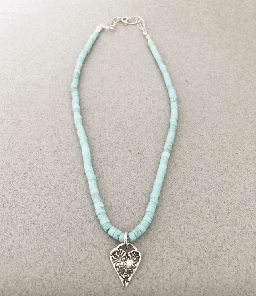 Turquoise Necklace - Heart Necklace - Silver Heart Necklace