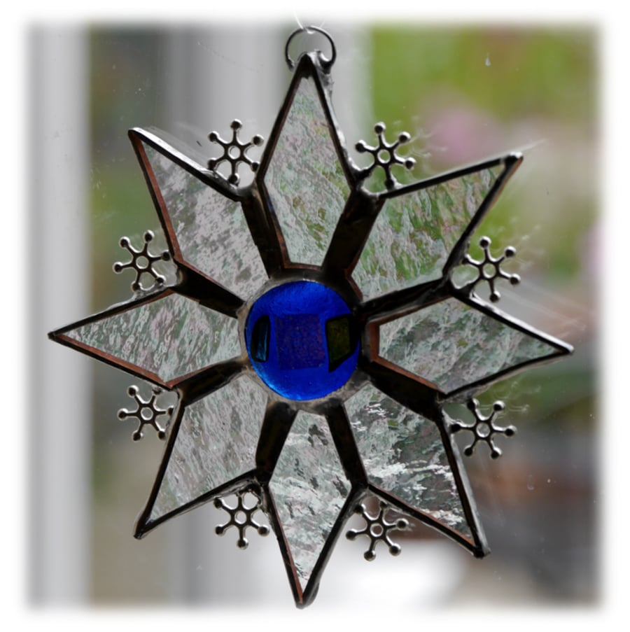 Sparkly Star Suncatcher Stained Glass Snowflake Blue Handmade 9.5cm 078