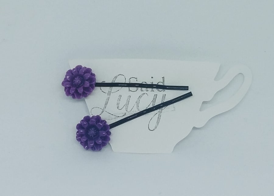 Purple flower hair clips on black bobby pins