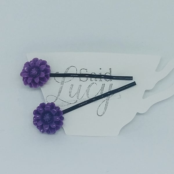 Purple flower hair clips on black bobby pins