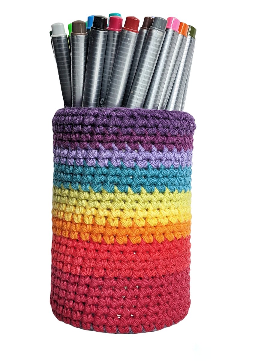 Recycled Can Crochet Pen Pot - Rainbow 2