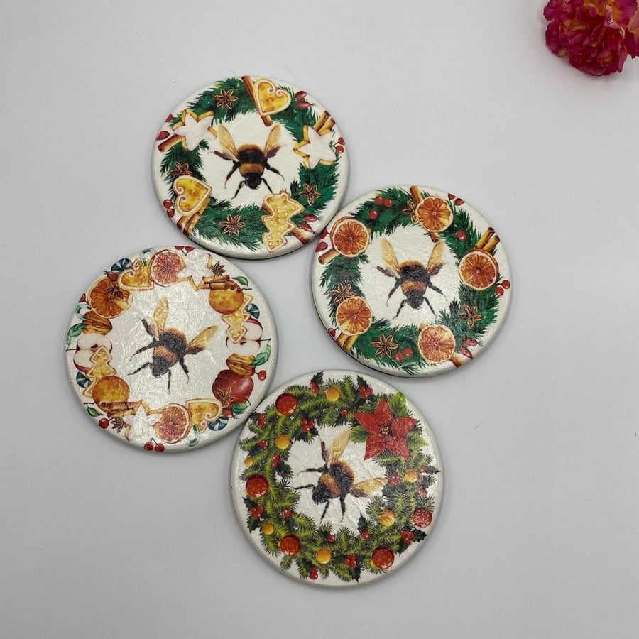 Autumn Vibes: Bee-themed Wooden Coasters - Set of 4