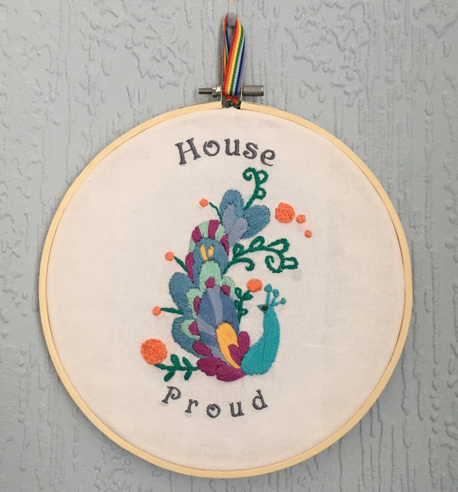 Hand embroidered hoop picture - peacock